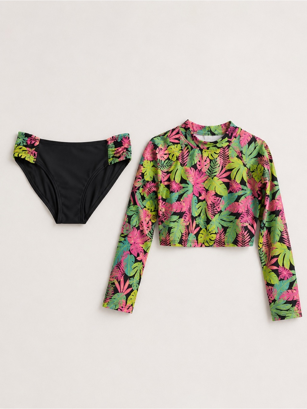 Cat & Jack Girls M 8 Tropical Rash Guard Crop Top and Bikini Bottom Swim Set